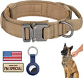 DAGANXI Tactical Dog Collar, Adjustable Military Training Nylon Dog Collar with Control Handle and Heavy Metal Buckle for Medium and Large Dogs, with Patches and Airtags Case (S, Brown)