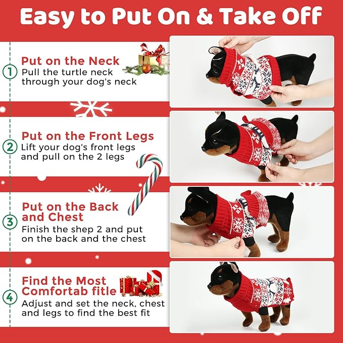 Dog Christmas Sweater, Soft Warm Pet Clothes Coat for Small Medium Large Dogs and Cats Boy Girl, Fall Cozy Holiday Turtleneck Knitting Collar Pullover Pup Outfit Costume for Thanksgiving New Year