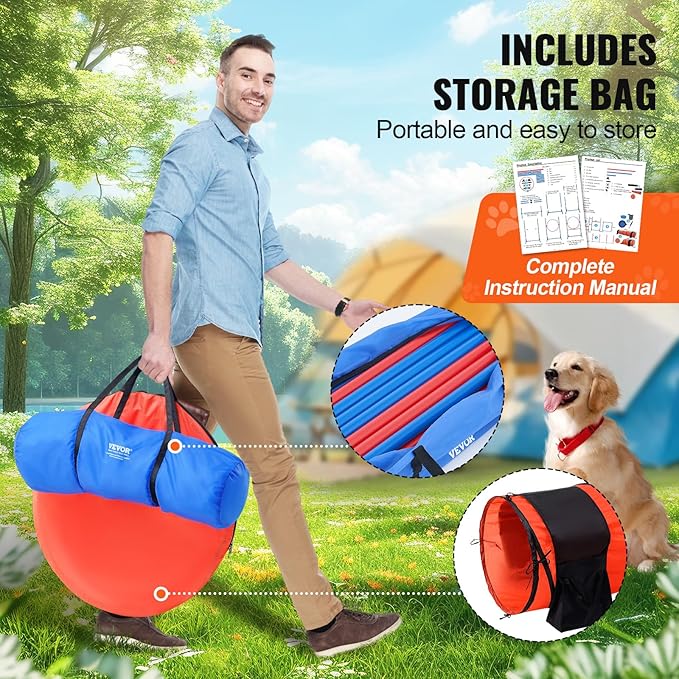 VEVOR Dog Agility Course Backyard Set, 13pcs Agility Training Equipment for Dogs, 2 Tunnels with Sandbags,Adjustable Hurdles,Weave Poles,Jump Ring,Pause Box, Puppy Obstacle Course Kit with Storage Bag
