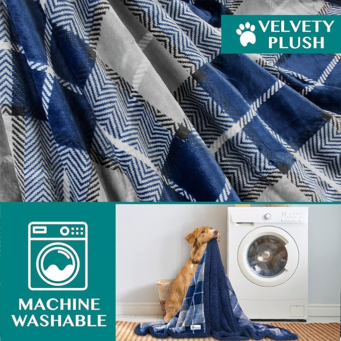 PetAmi Dog Blanket for Medium Large Dogs, Pet Bed Blanket Cat Puppy Kitten, Fleece Furniture Couch Cover Protector Sofa Car, Soft Sherpa Dog Throw Plush Reversible Washable, 40x60 Plaid Navy Blue