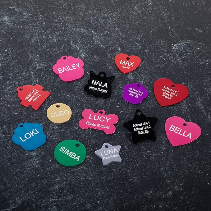 Providence Engraving Pet ID Tags in 8 Shapes, 9 Colors, and Two Sizes - Personalized Dog and Cat Tags with 4 Lines of Customizable Text