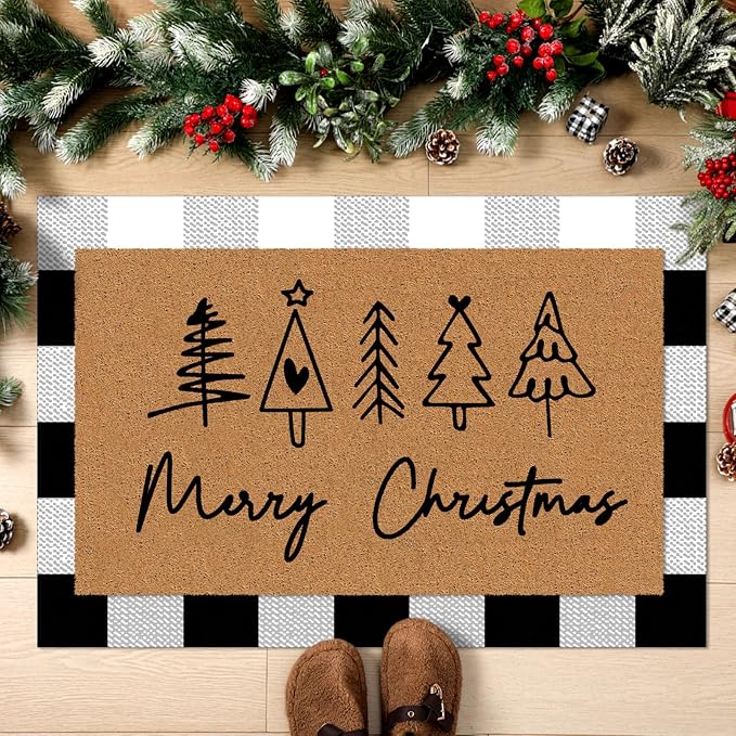 Tinideya 2 Pcs Door Mat Welcome Non Slip Coir Mats Floor Layering Doormats Seasonal for Front Porch Entryway Decor(Christmas)