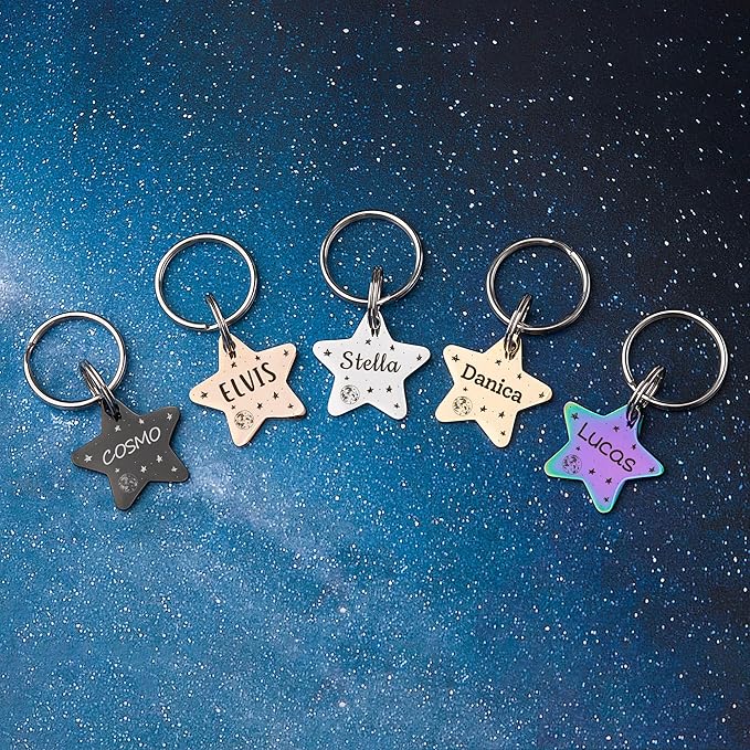 Anavia Small Size Dog Cat ID Tags, Small/XS Personalized Color Plated Stainless Steel Puppy Kitten Name Tags, Customized Engraved Nameplate Pet Collar Tag (Silver, Star)