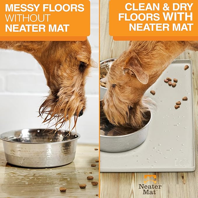 Neater Pet Brands Neater Mat Pet Mats for Food and Water, Cat & Dog Bowl Mat Waterproof Silicone, Feeding Tray, Dog Food Mats for Floors, Placemat w/Raised Edge for Under Bowls, 19” x 12”, Cream