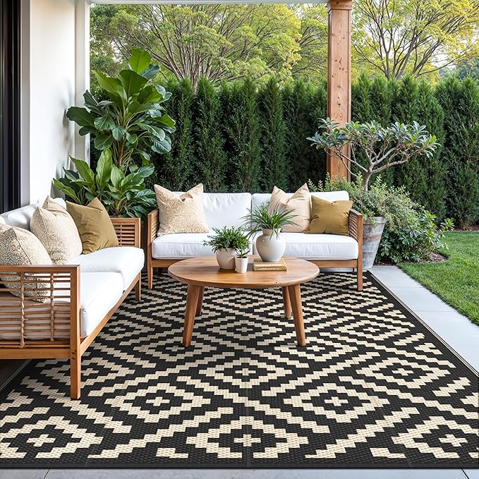 GENIMO 5x8 Outdoor Rug Waterproof, Reversible Mats, Area Rug, Plastic Outside Carpet, Geometric Rv Mat for Patio Camping Rv Picnic Backyard Deck Balcony Porch Beach Trailer (Black & Beige)