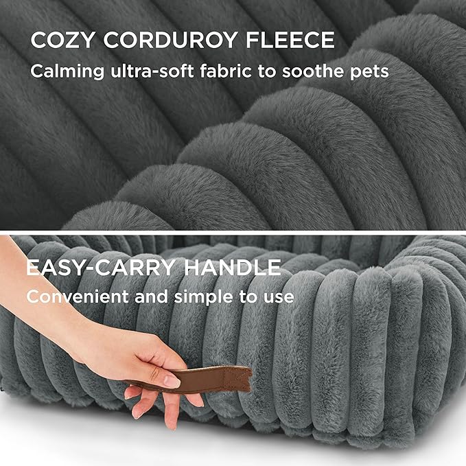 Bedsure ComfyFleece™ Cute Dog Bed for Small Dogs & Cats - Washable Furry Puppy Beds, Rectangle Orthopedic Corduroy Fleece Pet Beds with Removable Zipper Cover, 20x19x6inches, Warm Grey