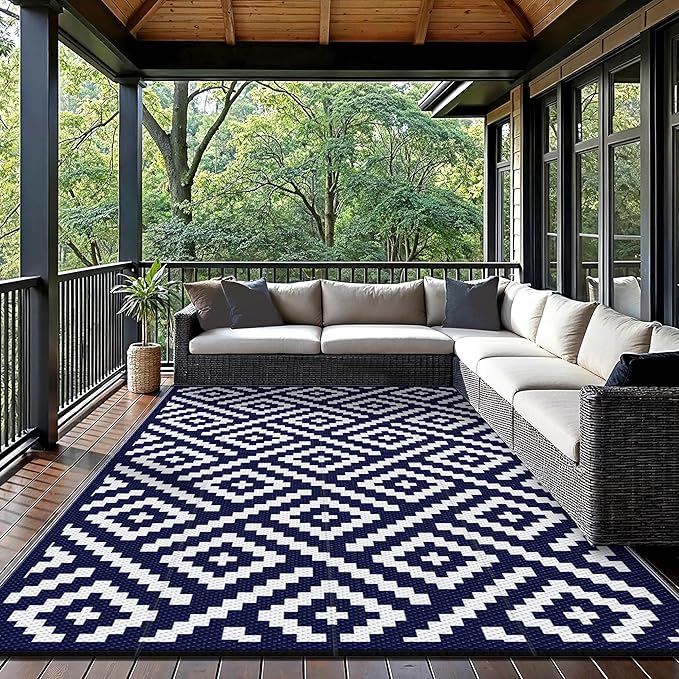 GENIMO Outdoor Rugs 8x10 Waterproof, Reversible Mats, Area Plastic Straw Rug, Outside Carpet, Geometric Rv Mat for Patio Camping Rv Picnic Backyard Deck Balcony Porch Beach Trailer (Navy Blue & White)
