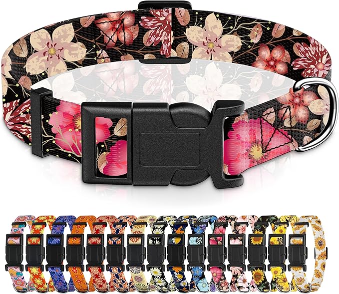 Dog Collar for Boys Girls, Floral Puppy Collar for Small Medium Large Dogs, Adjustable Soft Pet Collar With Safety Buckle for Male Females (Red Floral, M)