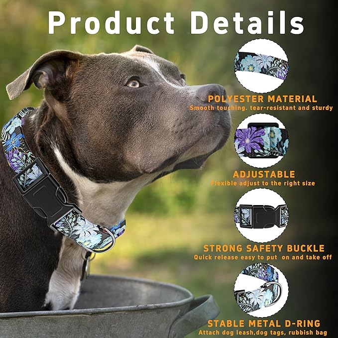 Dog Collar for Boys & Girls, Puppy Collar for Small to Large Dogs, Adjustable Soft Pet Collar with Safety Buckle for Male & Females (Purple Floral, L)