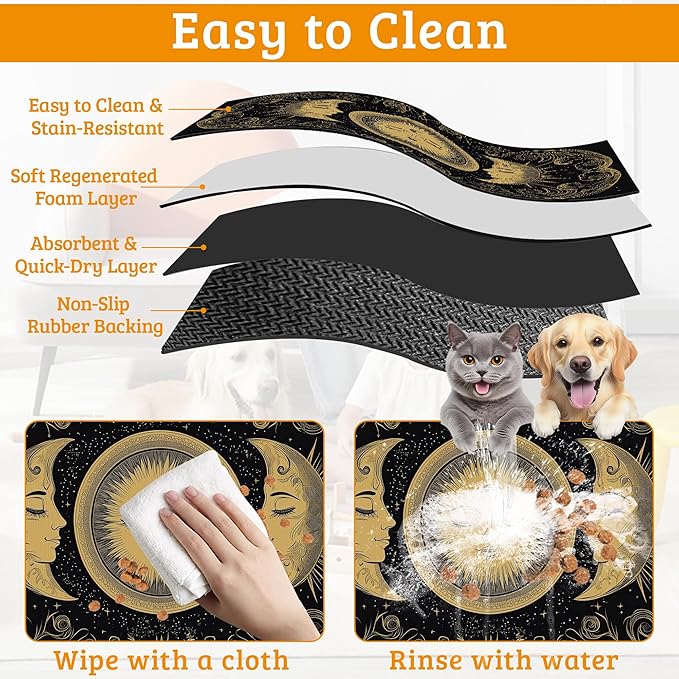 Dog Bowl Mat,Moon Sun Pet Feeding Mat for Floors Waterproof,Boho Vintage Absorbent Dogs Placemat for Food and Water Quick Dry Pet Cat Feeding Mats with Non Slip Bottom 16" x 24"