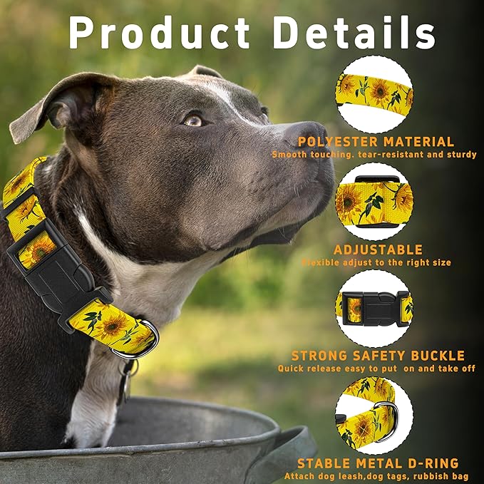 Dog Collar, Floral Puppy Collar for Small Medium Large Dogs, Adjustable Soft Pet Collar with Safety Buckle for Male Females(Yellow Sunflower,XL)