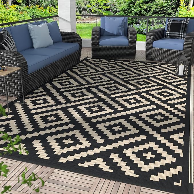 GENIMO Outdoor Rug for Patio Clearance,6'x9' Waterproof Mat,Reversible Plastic Camping Rugs,Rv,Deck,Porch,Camper,Balcony,Backyard (Black & Beige)