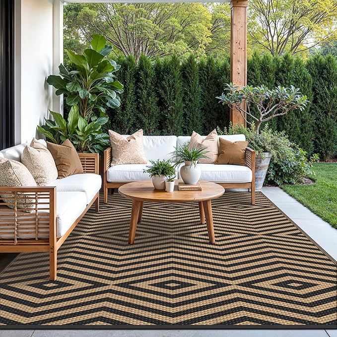 GENIMO Outdoor Rug for Patio Clearance, 8'x10' Reversible Plastic Straw Rugs, Lightweight Waterproof Modern RV Camping Mat for Camper, Balcony, Deck, Backyard, Picnic, Black Brown