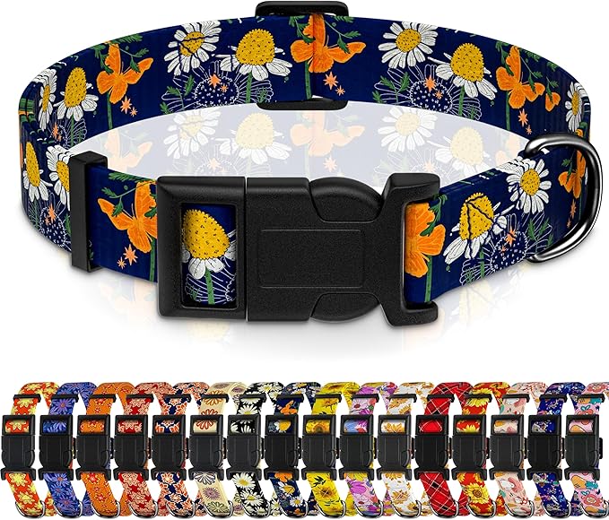 Dog Collar with Butterflies Print, Daisy Boys Girls Puppy Collar for Small Medium Large Dogs, Adjustable Soft Floral Pet Collar with Safety Buckle for Male Females(Blue Butterfly,S)