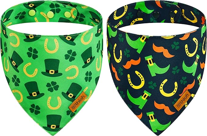 St. Patrick's Day Dog Bandanas with Snap Button, 2 Pack Reversible Shamrock Dog Scarf for Boy & Girl, Durable Fabric, Gift for Dogs, Holiday Bandana for Large and Extra Large Dogs (X-Large)