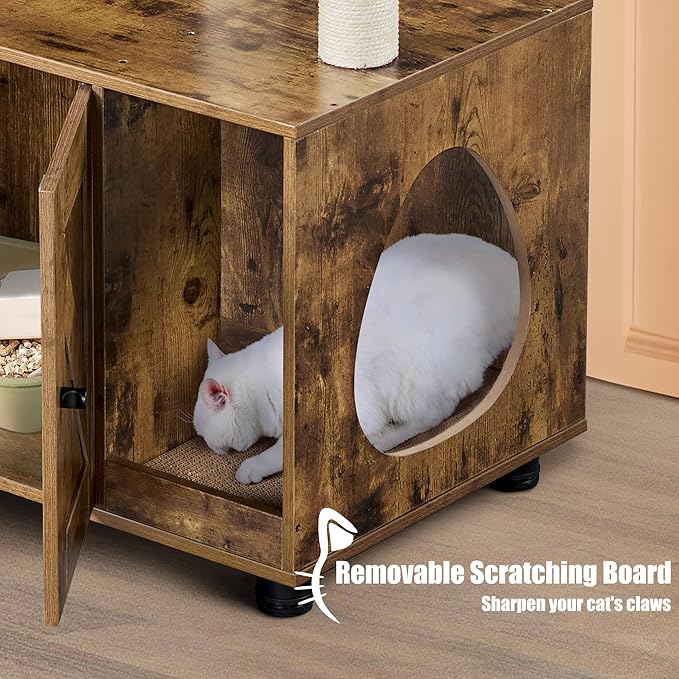Yaheetech Litter Box Enclosure with Cat Tree, All-in-one Indoor Kitten House w/Scratching Posts, Wooden Cat Litter Box Furniture w/Condo, Platform, Rustic Brown/Beige