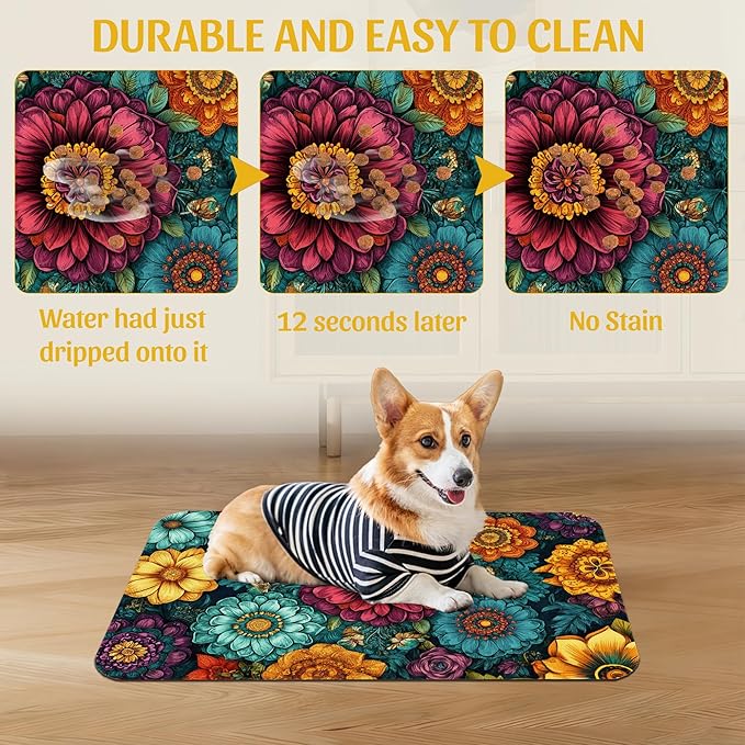 Vintage Floral Pet Feeding Mat, Fast-Dry Absorbent Dog and Cat Bowl Mat, Waterproof Rubber Base – 16x24 Inch