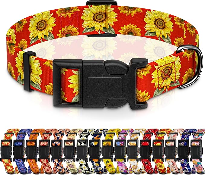 Dog Collar, Floral Boys Girls Puppy Collar for Small Medium Large Dogs, Adjustable Soft Pet Collar with Safety Buckle for Male Females (Red Sunflower, M)