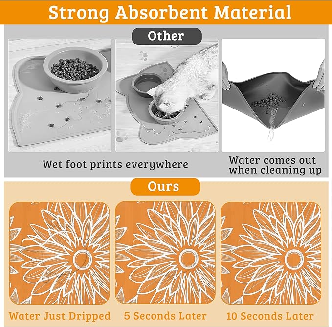 Retro Geometric Aesthetic Dog Food Mat,Orange Absorbent Pet Feeding Mat for Food and Water Bowl,Quick Dry Dog Placemat Non Slip Rubber Backing Waterproof Pet Supplies 16" x 24"