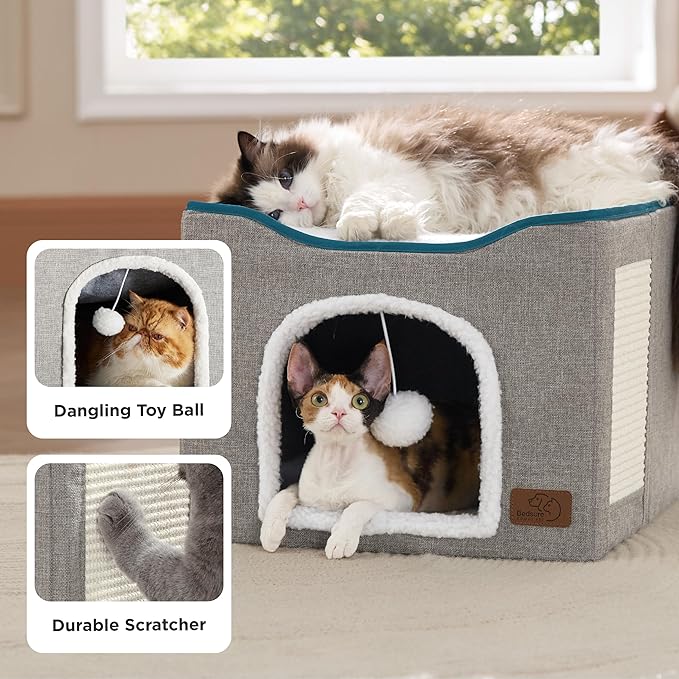 Bedsure Cat Beds for Indoor Cats - Large Cat Cave for Pet Cat House with Fluffy Ball Hanging and Scratch Pad, Foldable Cat Hideaway, 16.5x16.5x13 inches, Dark Grey