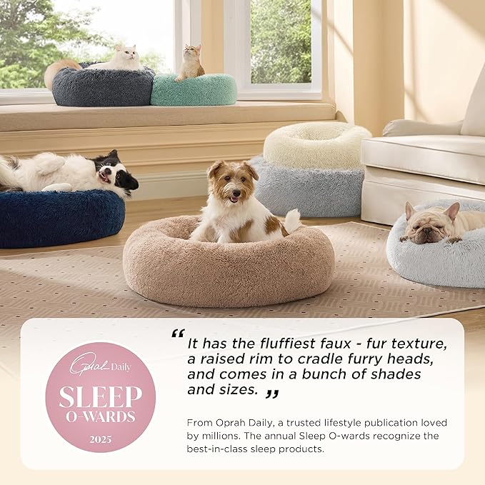 Bedsure Calming Dog Bed Medium Large Size Dogs - Donut Washable Large Pet Bed, 33 inches Anti-Slip Round Fluffy Plush Faux Fur Dog Bed, Camel