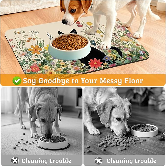 Dog Bowl Mat,Cat Black Pet Feeding Mat for Floors Waterproof,Color Flowers Absorbent Dogs Placemat for Food and Water Quick Dry Pet Cat Feeding Mats with Non Slip Bottom 16" x 24"