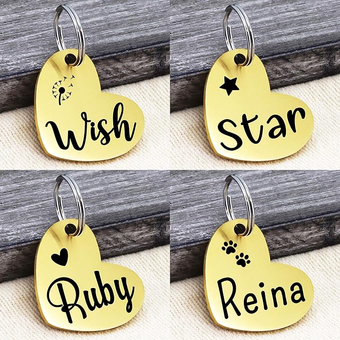 Ultra Joys Custom Personalized Pet ID Tag - Brushed Stainless Steel Heart Dog Tag Gold Medium