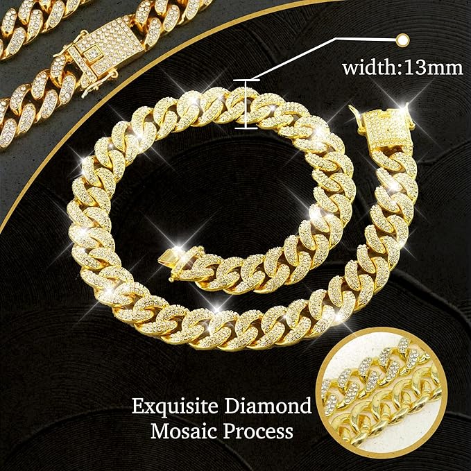 Dog Chain Designer Gold Crystal Pet Collar Cuban Link Chain with Secure Buckle Luxury Adjustable Necklacefor Small Medium Large Dogs Cats(Glod 22inch)