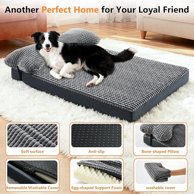 KISYYO Orthopedic Dog Beds for Extra Large Dogs with Removable Washable Cover and Removable Pillow for Crate,Waterproof Extra Large Dogs Mat, Grey, 29x20