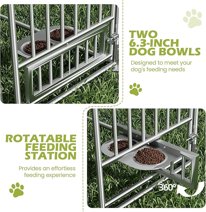 13FT x 13FT Outdoor Dog Kennel with Roof, Outside Dog Run Fence with Rotated Dog Bowls, Large Dog House Pen Enclosure with Secure Lock&Textilene Door
