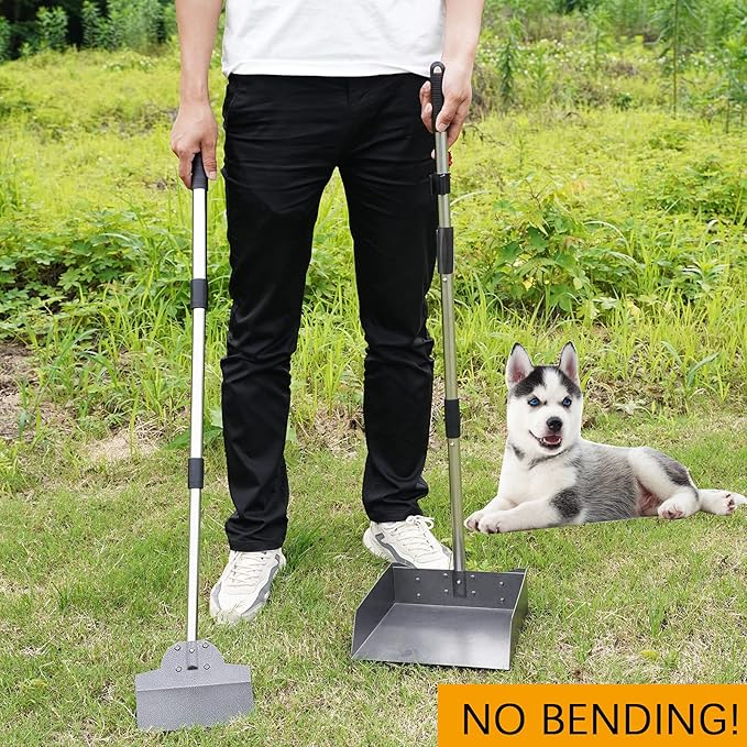Pooper Scooper, Metal Aluminum Tray and Spade Poop Scoop Set with Adjustable Stainless Steel Long Handle, Pet Waste Removal Heavy Duty Poop Scooper (Tray&Spade, Medium)