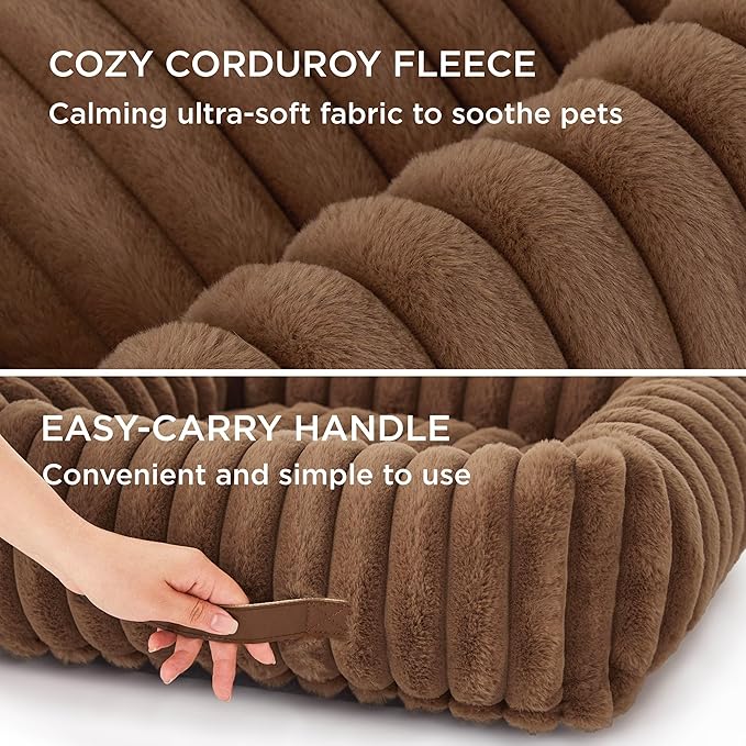 Bedsure ComfyFleece™ Cute Dog Bed for Large Dogs - Washable Furry Puppy Beds, Rectangle Orthopedic Corduroy Fleece Pet Beds with Removable Zipper Cover, 36x27x8inches, Camel Brown