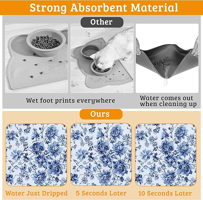 Blue Flower Dog Food Mat,Absorbent Pet Feeding Mat for Food and Water Bowl,Quick Dry Dog Placemat Non Slip Rubber Backing Waterproof Pet Supplies 12" x 20"