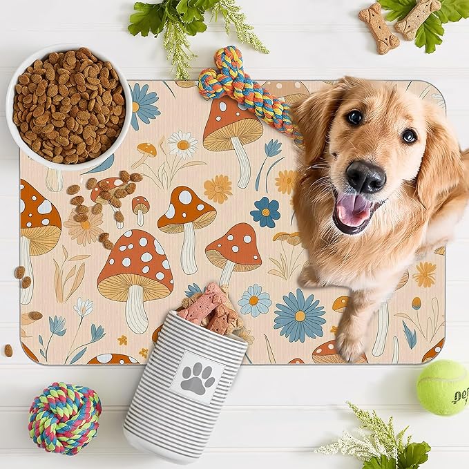 Cute Mushroom Flower Dog Cat Food Mat,Absorbent Pet Feeding Mat with Rubber Backing,Non-Slip Water Bowl Placemat,Indoor Pet Accessories Supplies 16"x24"
