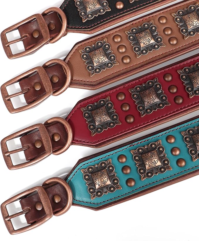 PET ARTIST Upgrade Padded Leather Dog Collar, 2 inch Wide Genuine Leather Dog Collars with Strong Studded Rivet & Metal Buckle, Adjustable Large Dog Collar for Pit Bull Doberman,Black,Neck 19-22"