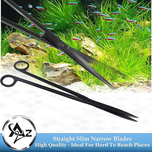 A2Z-Aquascaping Maintenance Tools Accessories,Anti-Rust Stainless Steel Tweezers Scissors Spatula for Aquarium Tank Clean, Fish Tank, Bonsai, Algae Scrapers (12" Scissors - Straight - Black)