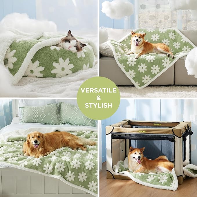 LE SURE Waterproof Dog Blanket for Large Dogs - Washable Double Sided Dog Blankets with Warm Jacquard Shag and Soft Sherpa Fleece, Pet Cat Blanket for Bed Protection, 3D Textured Cloud, Green