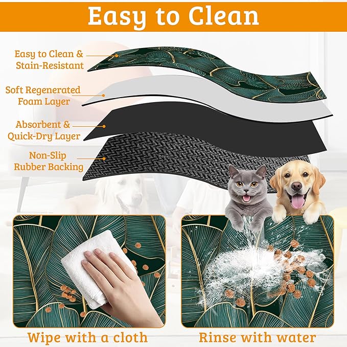 Tropical Palm Feeding Mat,Green Leaves Absorbent Quick-Dry Cat Dog Food and Water Bowl Mats,Non-Slip Rubber Backing Mat,Cat Dog Accessories Supplies 16" x 24"