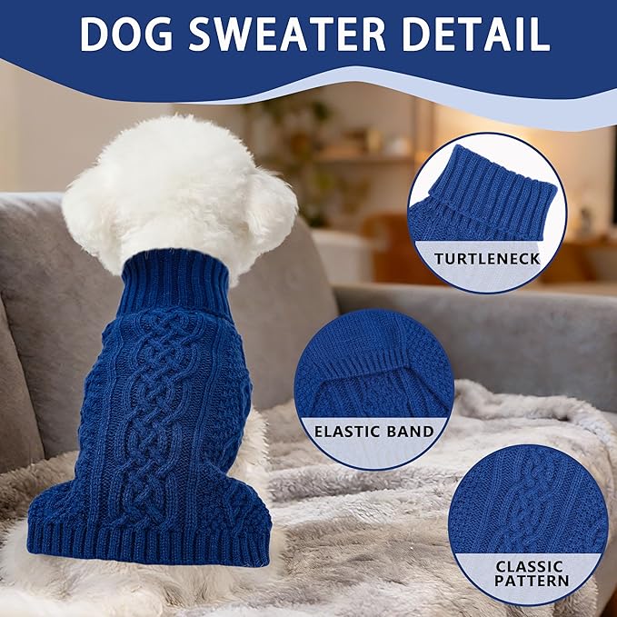 Dog Sweaters Small Dog Clothes Winter Turtleneck Puppy Sweater Warm Pet Cat Sweater Doggy Pullover Outfit with Twisted Design XS~XL(Navy Blue, Large)