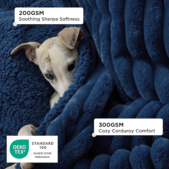 Bedsure ComfyFleece™ Waterproof Dog Blankets for Large Dogs - Soft Pet Cat Blanket Corduroy Fleece for Bed Protector Washable, Cozy Calming Reversible Furniture Protection,60"x80", Navy Blue
