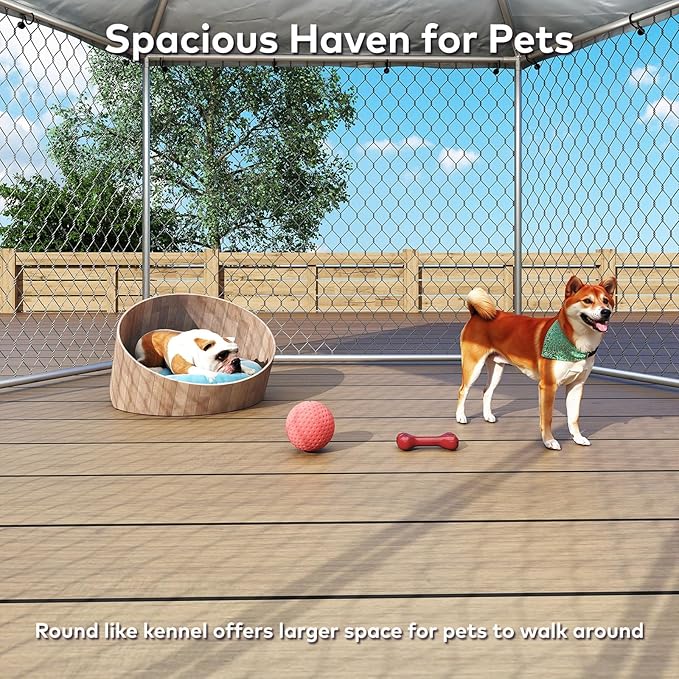 6.8x6.8 FT Outdoor Dog Kennel Outside Heavy Duty Dog Enclosure with Waterproof Cover and Security Lock, Galvanized Wire Mesh Hexagonal Large Dog Kennel(81x81x95.3IN)