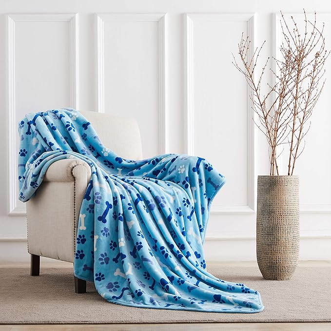 Allisandro Luxurious Dog Blanket, 350 GSM Super Fuzzy Microplush Fleece Pet Blankets for Small Medium Large Dogs and Cats, Blue Paw and Bone, 64" x 40"