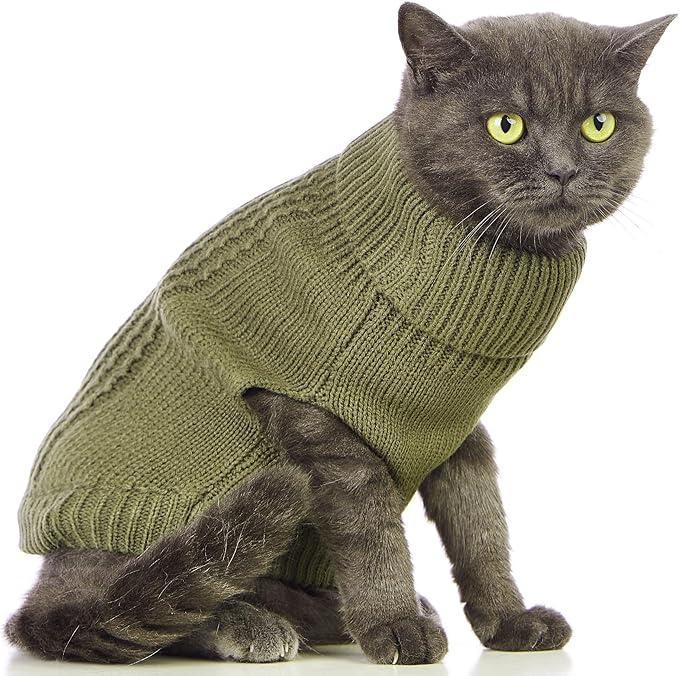 Stretchy Cat Sweater - 17 Colors & 6 Sizes | Snug Winter-Ready Knit for Boy/Girl Cats & Kittens (Olive Green, X-Small)
