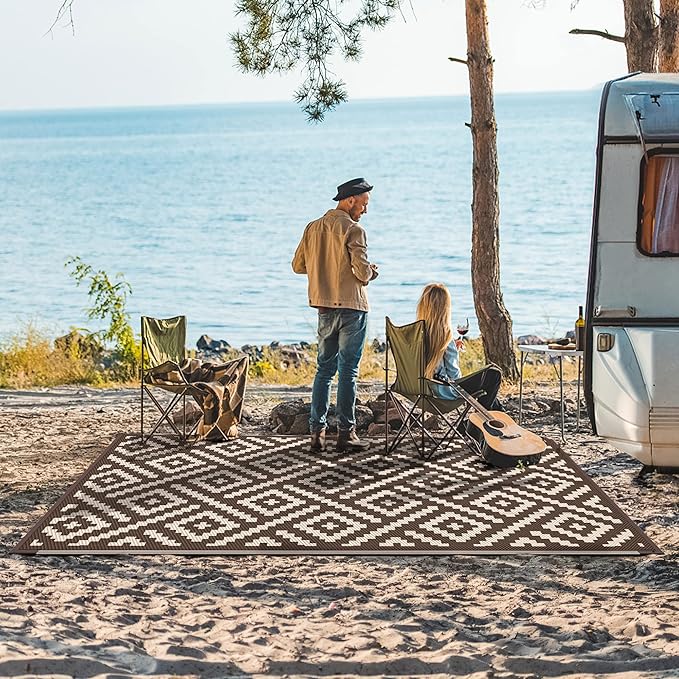 GENIMO Outdoor Rug for Patio Clearance, 9'x12' Waterproof Camping Mat, Reversible Plastic Straw Rugs for RV, Camper, Balcony, Backyard, Picnic, Deck (Coffee & Beige)