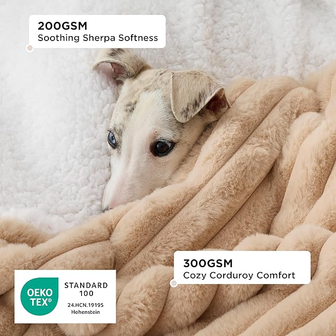 Bedsure ComfyFleece™ Waterproof Dog Blankets for Small Dogs - Soft Puppy Cat Blanket Corduroy Fleece Washable, Cozy Calming Reversible Furniture Protection for Pet Kitten Doggy,25"x35", Tuscan Beige