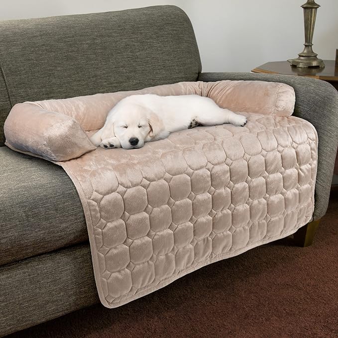 Couch Cover for Dogs – 35x35 Pet Furniture Protector with Memory Foam Bolster, Quilted Fabric, Non-Slip Water-Resistant Base Layer by PETMAKER (Beige)