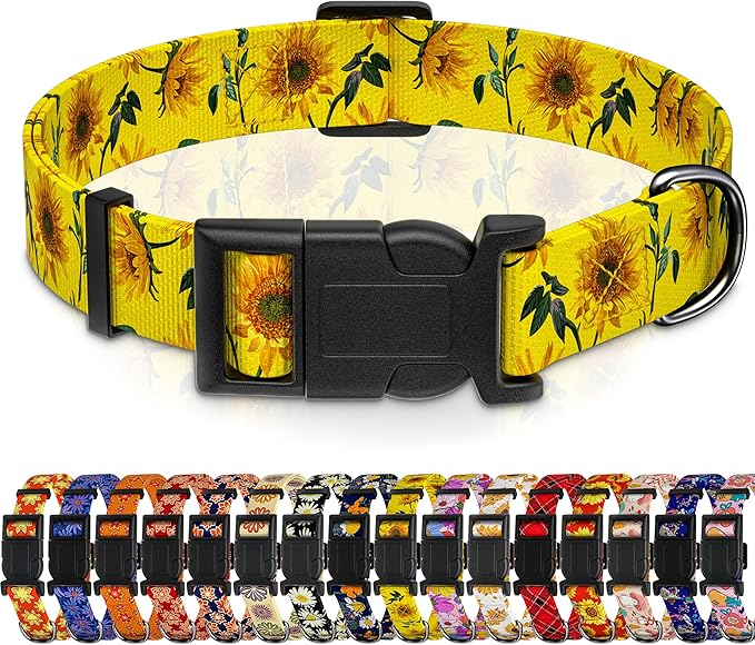 Dog Collar, Floral Boys Girls Puppy Collar for Small Medium Large Dogs, Adjustable Soft Pet Collar with Safety Buckle for Male Females (Yellow Sunflower)