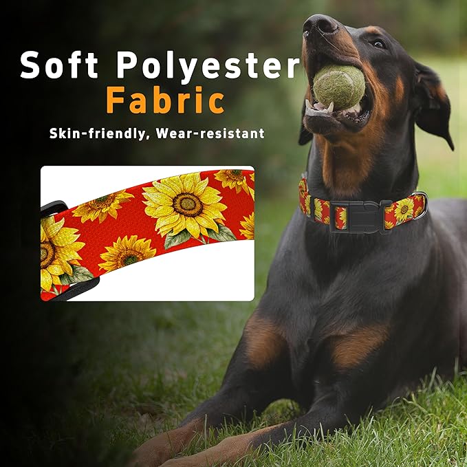 Dog Collar, Floral Boys Girls Puppy Collar for Small Medium Large Dogs, Adjustable Soft Pet Collar with Safety Buckle for Male Females (Red Sunflower, M)