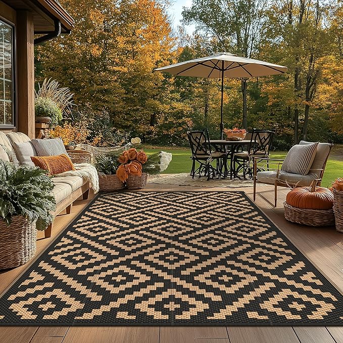 GENIMO Outdoor Rug 4x6 Waterproof, Reversible Mats, Outdoor Area Rug, Plastic Outside Carpet, Eeometric Rv Mat for Patio Camping Rv Picnic Backyard Deck Balcony Porch Beach Trailer (Black & Brown)