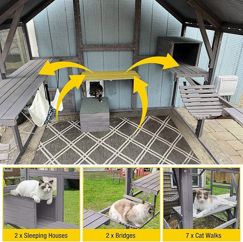 Aivituvin Cat House Outdoor Catio Kitty Enclosure with Super Large Enter Door,Wooden Cat Cage Condo Indoor Playpen with Platforms,Small House 110" L